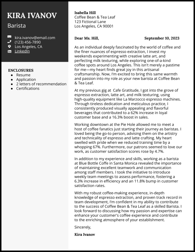 5 Barista Cover Letter Examples
