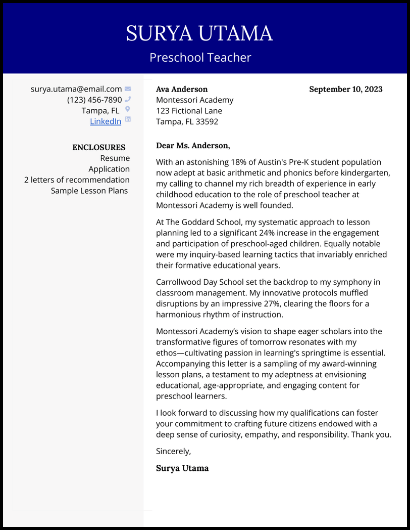 5 Preschool Teacher Cover Letter Examples