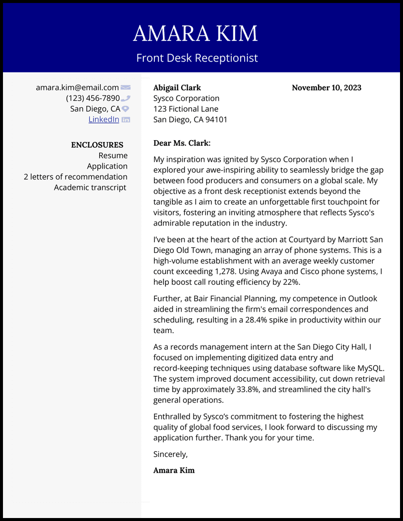 7 Front Desk Receptionist Cover Letter Examples