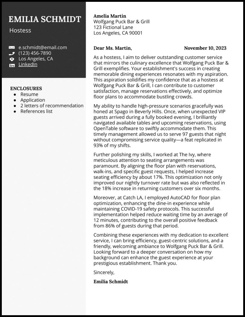 5 Hostess Cover Letter Examples for the Job in 2025