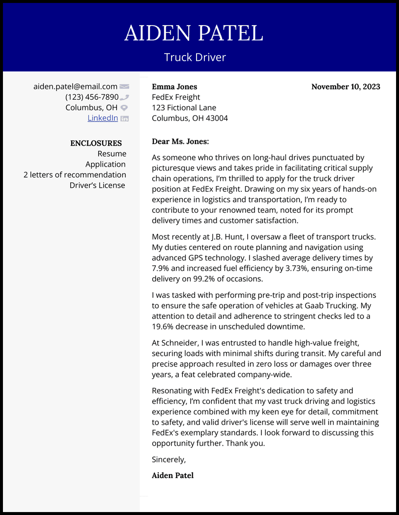 5 Truck Driver Cover Letter Examples