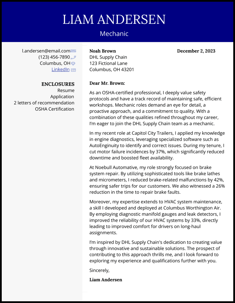 5 Mechanic Cover Letter Examples